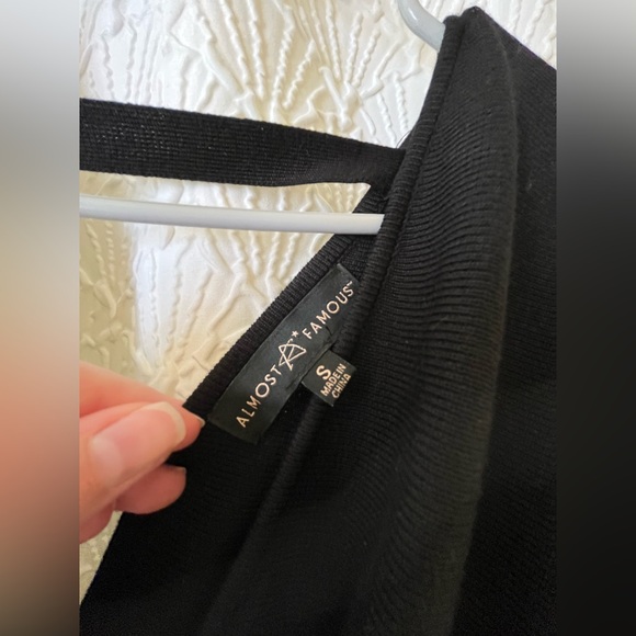 Fitted Black Knit Faux Wrap Dress w/ Waist Tie and Side Slits - Picture 4 of 4